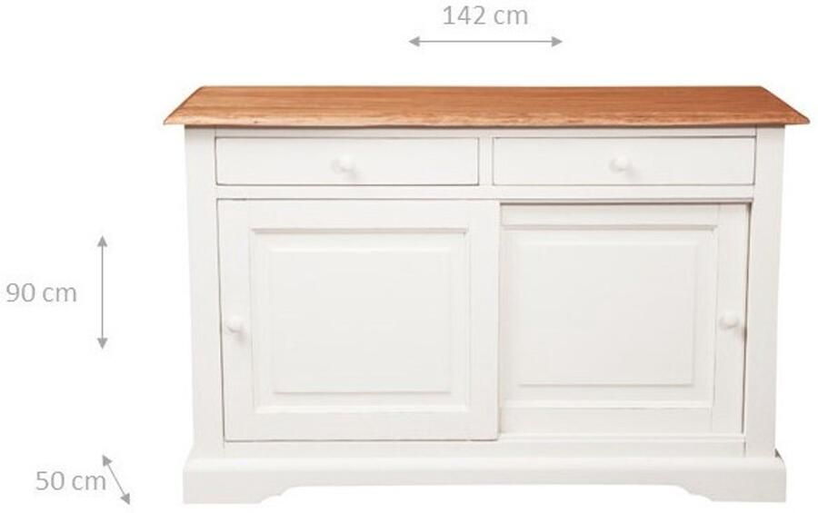 BISCOTTINI Dressoir met 2 schuifdeuren en 2 laden COUNTRY V Commode Massief Lindehout Antiek Wit + Natuurlijke Top 142x50x90 cm TV-meubels