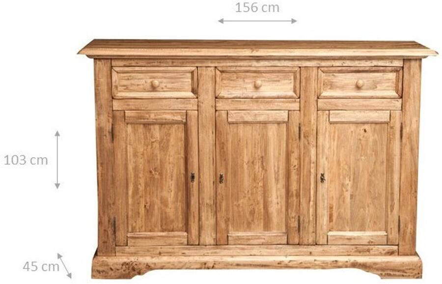 BISCOTTINI Dressoir met 3 laden en 3 deuren COUNTRY Commode Massief Lindehout Natuurlijke Afwerking 156x45x103 cm -Handgemaakte Haltafel