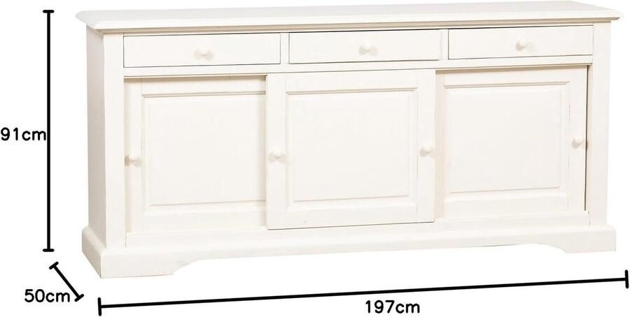 BISCOTTINI Dressoir met 3 schuifdeuren en 3 laden COUNTRY IV Commode Massief Lindehout Antiek Wit -197x50x91cm- Handgemaakte TV-meubels Haltafel