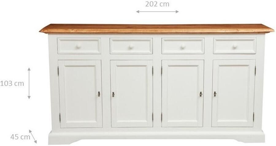BISCOTTINI Dressoir met 4 laden en 4 deuren RUSTIEK II- Commode Massief Lindehout Antiek Wit + Natuurlijke Top 202x45x103cm- Handgemaakte Haltafel