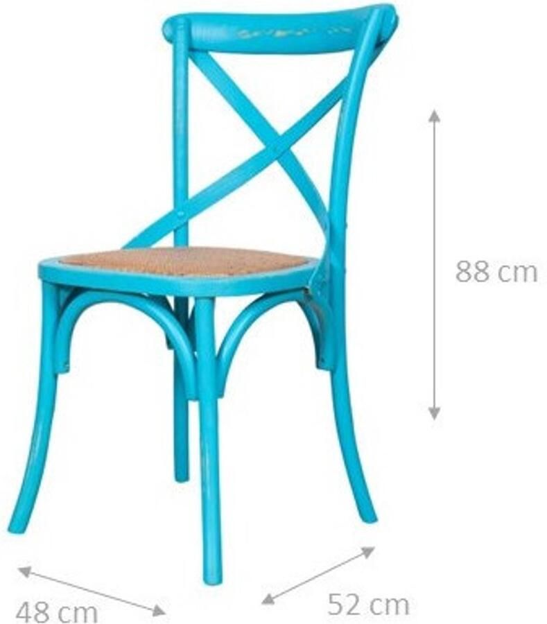 BISCOTTINI Eetkamerstoel Keuken Stoelen met gekruiste rugleuning en zitting van rotan Massief Essenhout Antiek Blauw Bistrostoel 48x52x88 cm