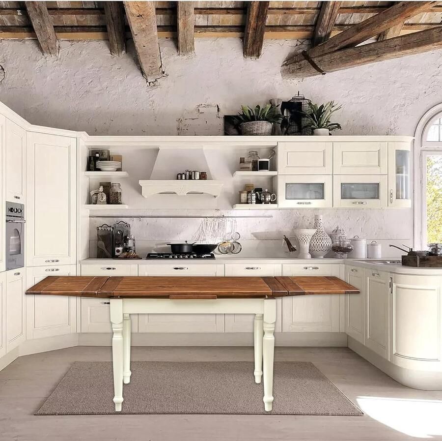 BISCOTTINI Eettafels Met Optie Tot Vergroten Keuken Uitschuifbare Tafel Massief Lindenhout Antiek Witte Structuur + Notenhouten Top Eettafels 120x80x80 cm Rustieke stijl