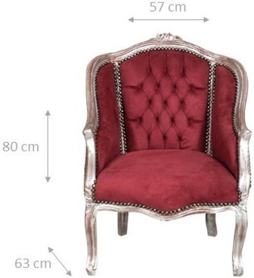 BISCOTTINI Fauteuil Oorfauteuil Lodewijk XVI-Stijl Massief Beukenhout Bordeaux Zilver Antieke Afwerking Relaxfauteuil 63x57x80 cm