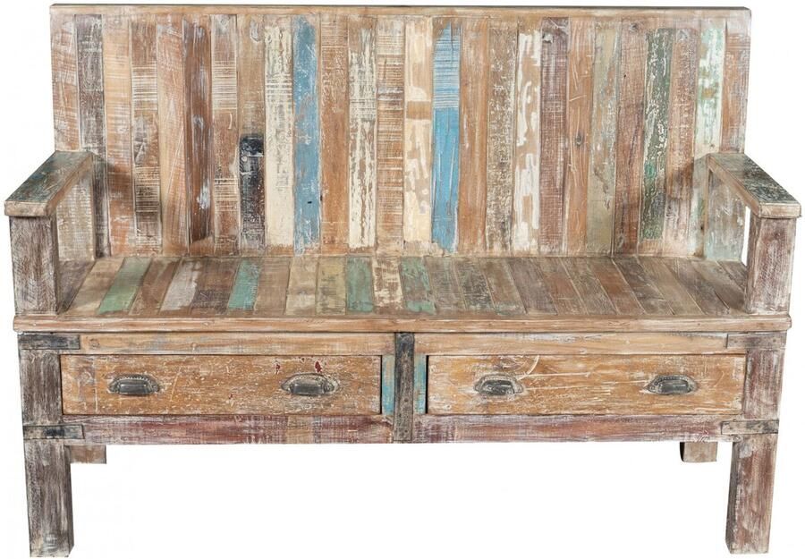 BISCOTTINI Houten tuinbank in vintage stijl Bank met lades Halbankje voor binnen Gerecycled Teakhout Multikleur 130x42x49cm