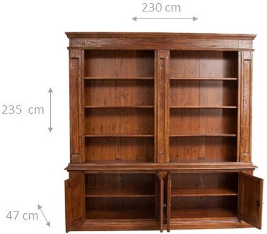 BISCOTTINI ISCOTTINI Boekenkasten Vitrinekast Massief Lindenhout Notenkleur Boekenkast Klassieke Stijl 230x47x235 cm Voor woonkamer