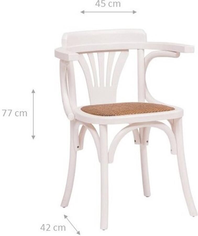 BISCOTTINI Keuken Stoel Met Armleuningen Eetkamerstoel Massief Essenhout En Rotan Wit Afwerking Houten Bistrostoel 45x42x77 cm