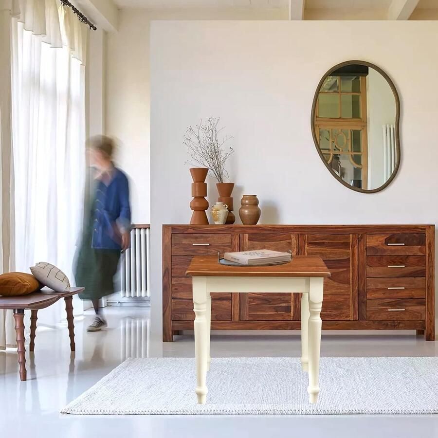 BISCOTTINI Landelijke vaste tafel in massief lindenhout verouderde witte structuur met notenhouten blad. Gemaakt in Italië