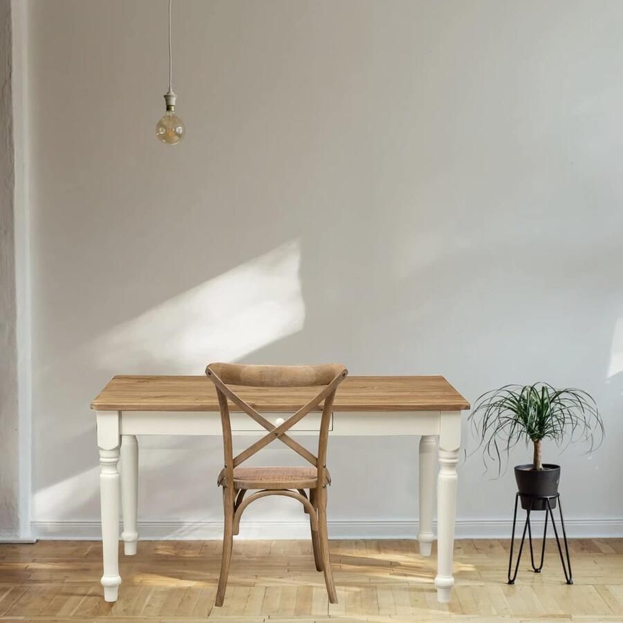 BISCOTTINI Keuken Tafel Eetkamertafel Massief Lindenhout Antiek Wit + Natuurlijke Top Tafel Met Lade 140x80x80 cm Landelijke Stijl