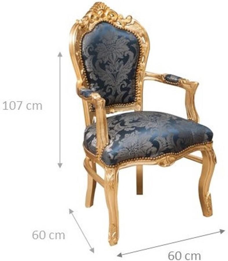 BISCOTTINI Relaxstoel Fauteuil In Shabby Chic Stijl Massief Beukenhout-Damastblauw Antiek Goud Afwerking-Eetkamerstoel met Armleuning-60x60x107cm