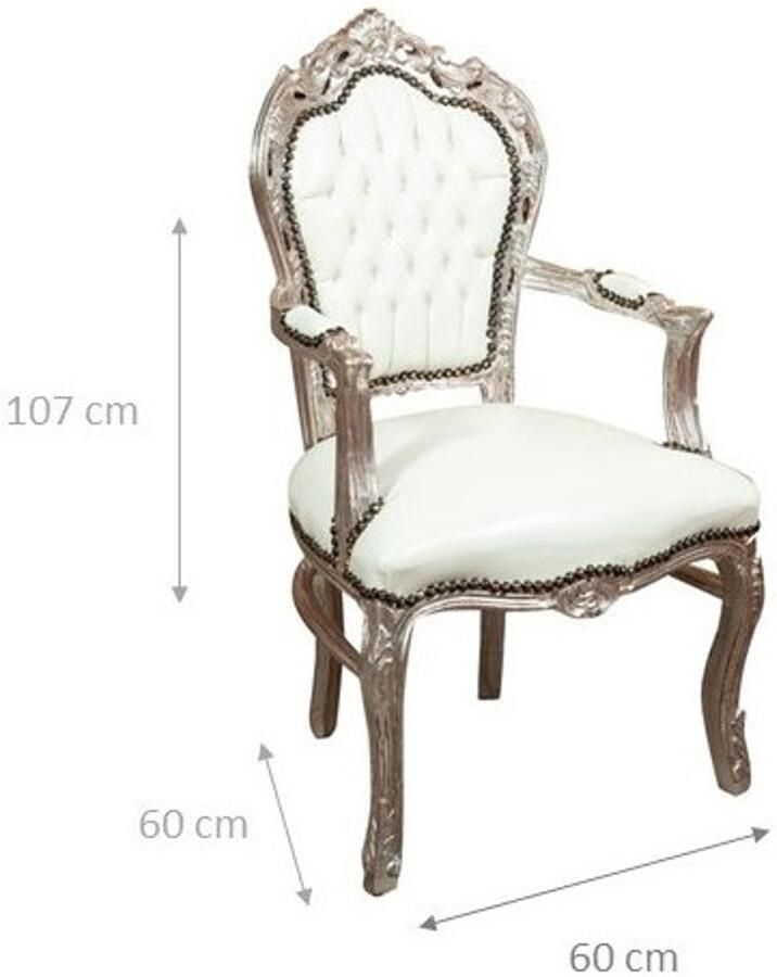 BISCOTTINI Relaxstoel Fauteuil In Shabby Chic Stijl Massief Beukenhout Wit Antiek Zilver Afwerking Eetkamerstoel met Armleuning 60x60x107cm