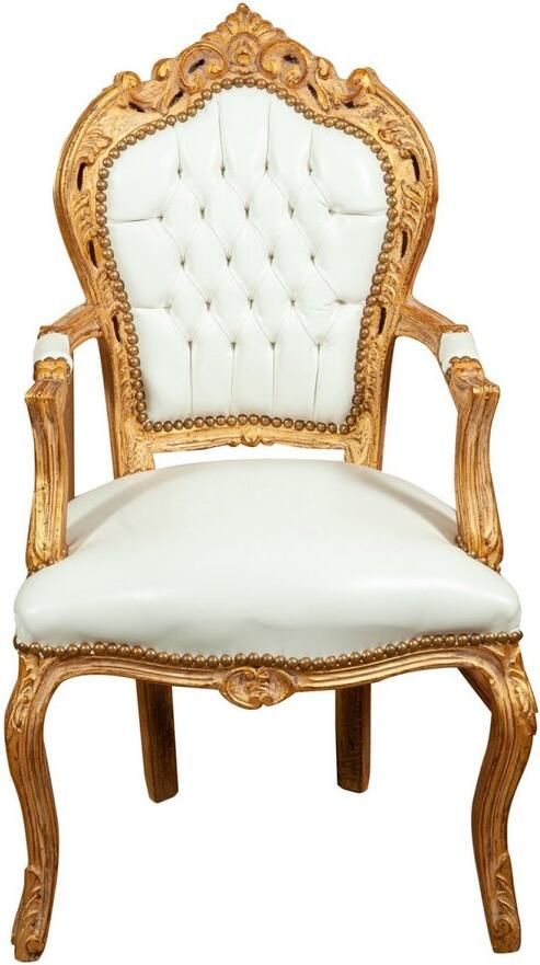 BISCOTTINI Relaxstoel Fauteuil In Shabby Chic Stijl Massief Beukenhout Wit Antieke Goud Afwerking Eetkamerstoel met Armleuning -60x60x107cm