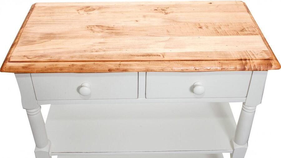 BISCOTTINI Sidetable 2 legplanken en 2 laden RUSTIEK Haltafel van Massief Lindehout handgemaakt Antiek Wit + Natuurlijke Afwerking Top -80x38x80