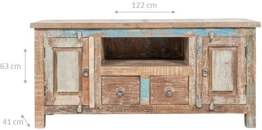 BISCOTTINI Tv-Meubel met 2 deuren en 2 laden ECO TV Dressoir Massief Gerecycled Hout Antieke Afwerking 122x41x63 cm Handgemaakte Commode