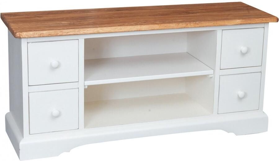 BISCOTTINI Tv-meubel RUSTIEK TV Kast van Massief Lindehout Handgemaakt met 2 Legplanken en 4 Laden Antiek Wit + Natuurlijke Top 129x40x60 cm