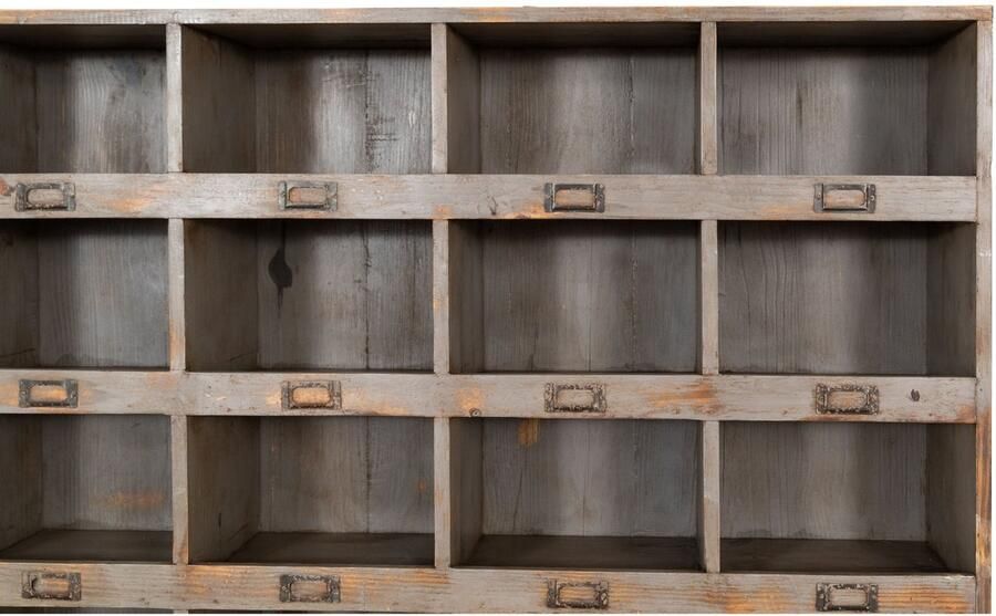 BISCOTTINI Vitrinekast met 45 Legplanken POSTKANTOOR Handgemaakte Boekenkast van Massief Eikenhout Natuurlijke Afwerking 205x150x34 cm