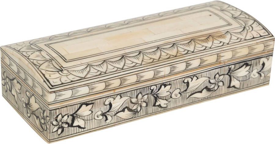 BISCOTTINI Hout- en bottendoos L20xPR8xH6 Cm Opbergdoos Sieradendoos Antiek Wit met Zwarte Decoraties