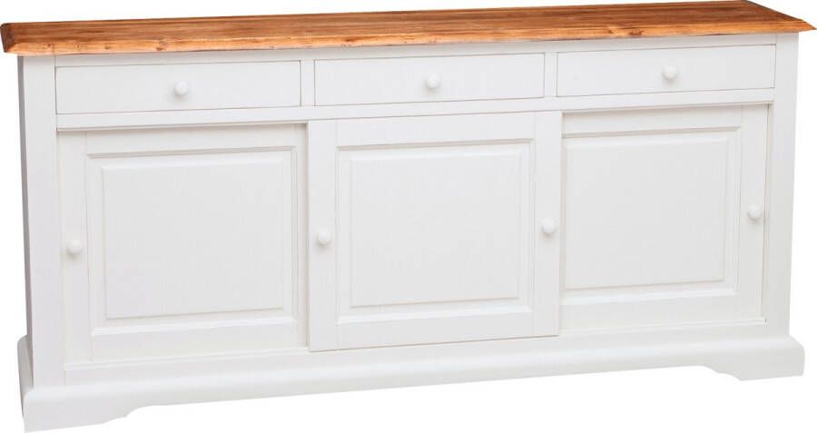 BISCOTTINI Landelijk dressoir in massief lindenhout verouderde witte structuur natuurlijke top L197xPR50xH91 cm. Gemaakt in Italië