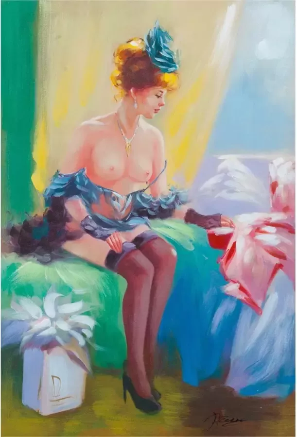 BISCOTTINI Olieverf op doek handgeschilderde vrouw zittend op bed