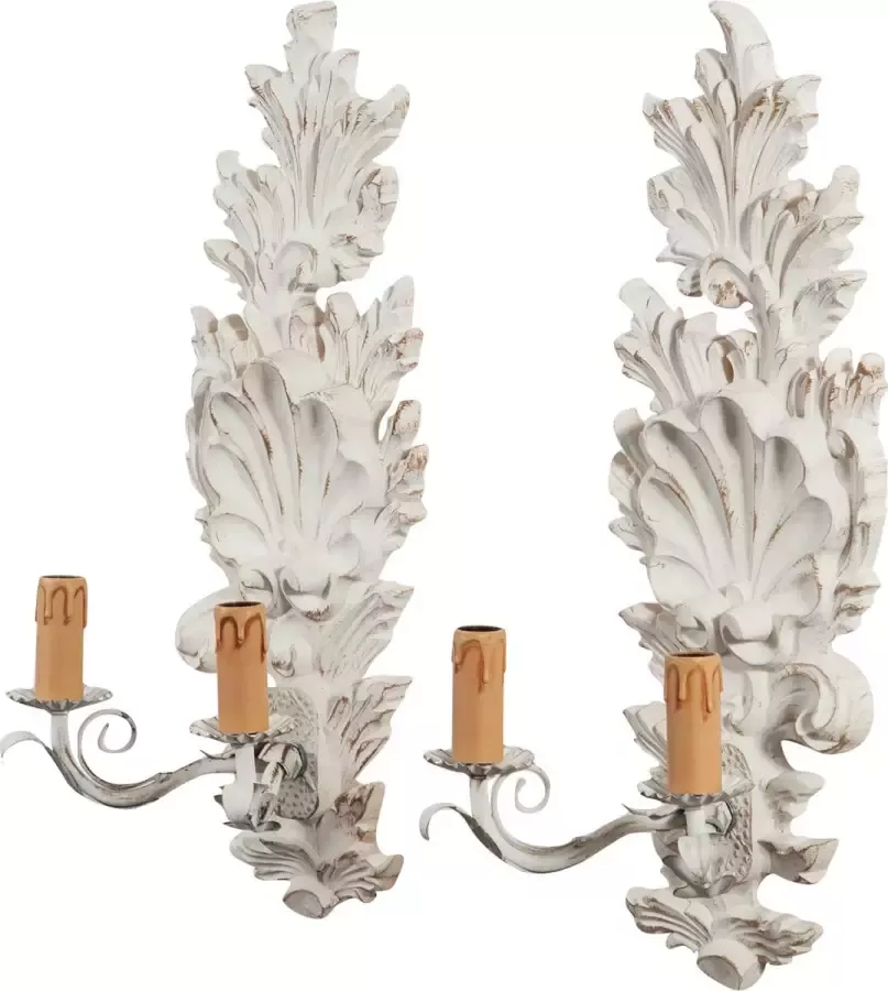 BISCOTTINI Paar Shabby stoffen lampen in hout en ijzer met antiek witte afwerking Made In Italy