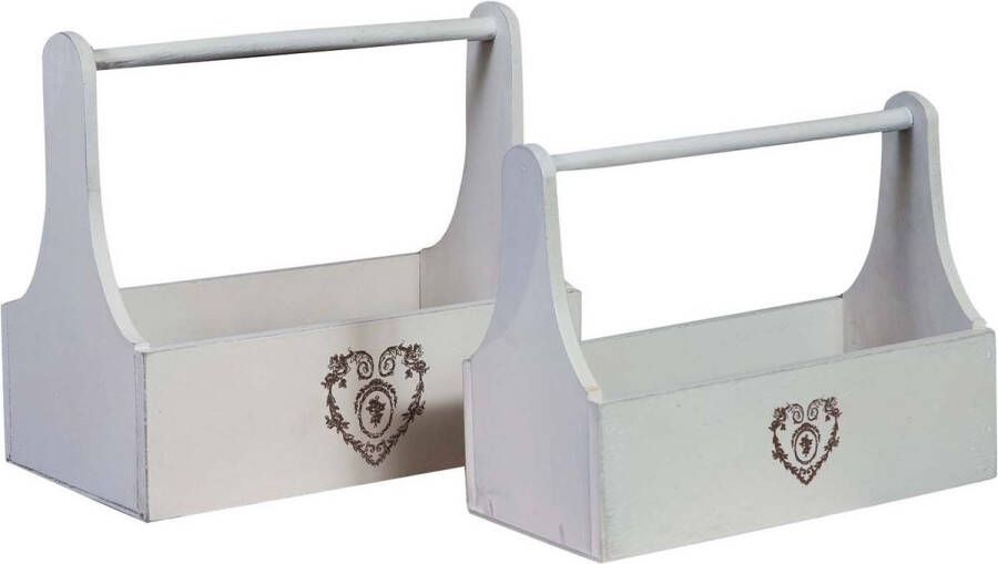 BISCOTTINI Set van twee Shabby houten bakjes in antiek witte afwerking 31x17x27 + 38x14x22 cm