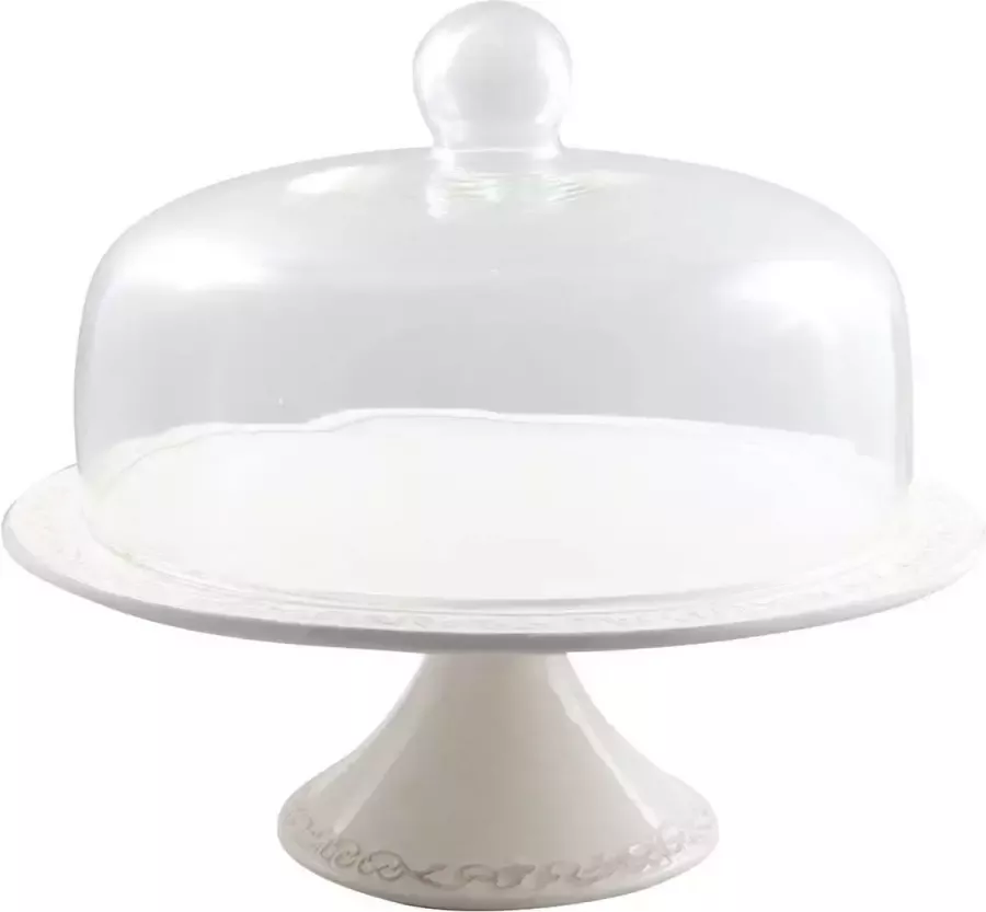 BISCOTTINI Shabby witte porseleinen cakevorm met glazen deksel L35xPR35xH30 cm