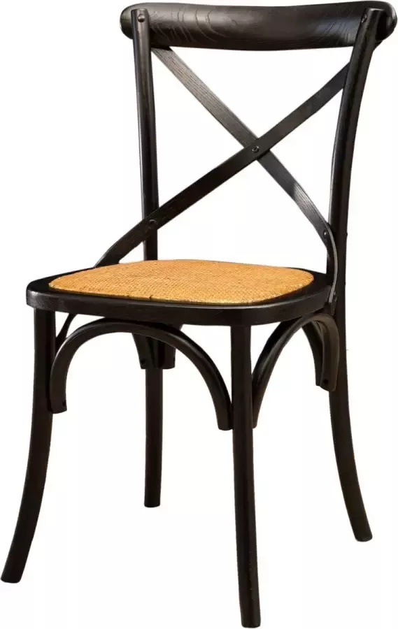BISCOTTINI Eetkamerstoel Keuken Stoelen met gekruiste rugleuning en zitting van rotan Massief Essen Zwart Afwerking 48x42x88 cm- Vintage stijl