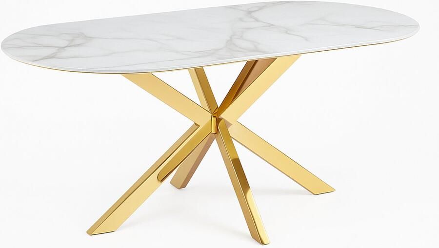 Black and White Cavallo – Keramische eettafel met marmerlook en goudkleurig onderstel (180 cm)