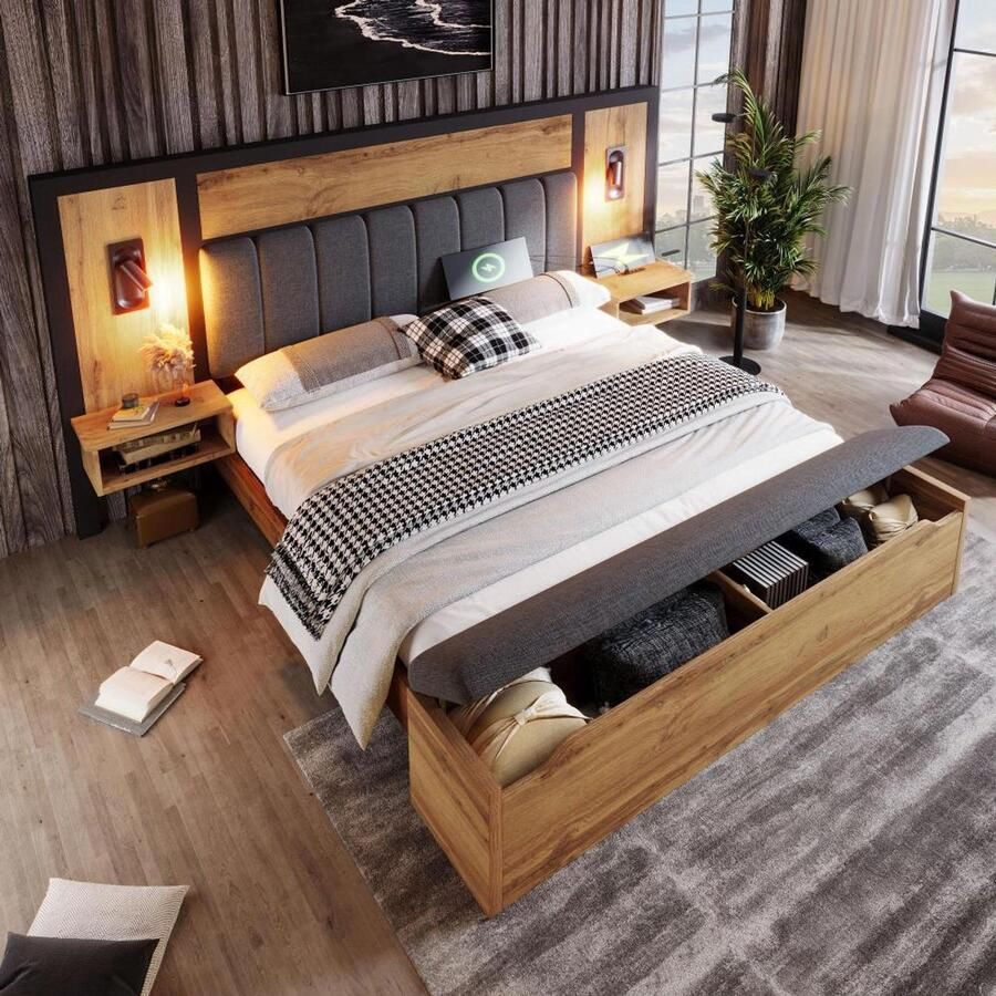 BLACK COLORS Bed 160×200 cm dubbel gestoffeerd Bedset met leeslamp nachtkastje USB C opbergbank linnen Eiken