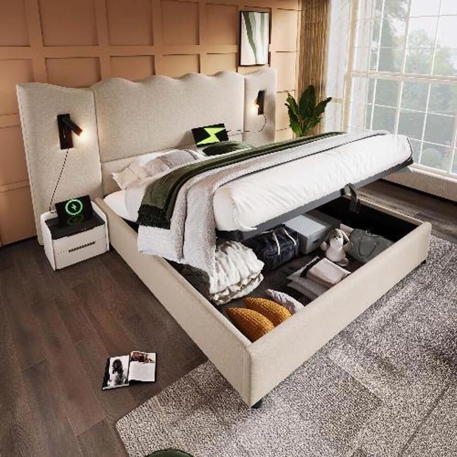 BLACK COLORS Bed 160×200 cm met matras gestoffeerde opbergruimte leeslamp en USB Type-C linnen beige