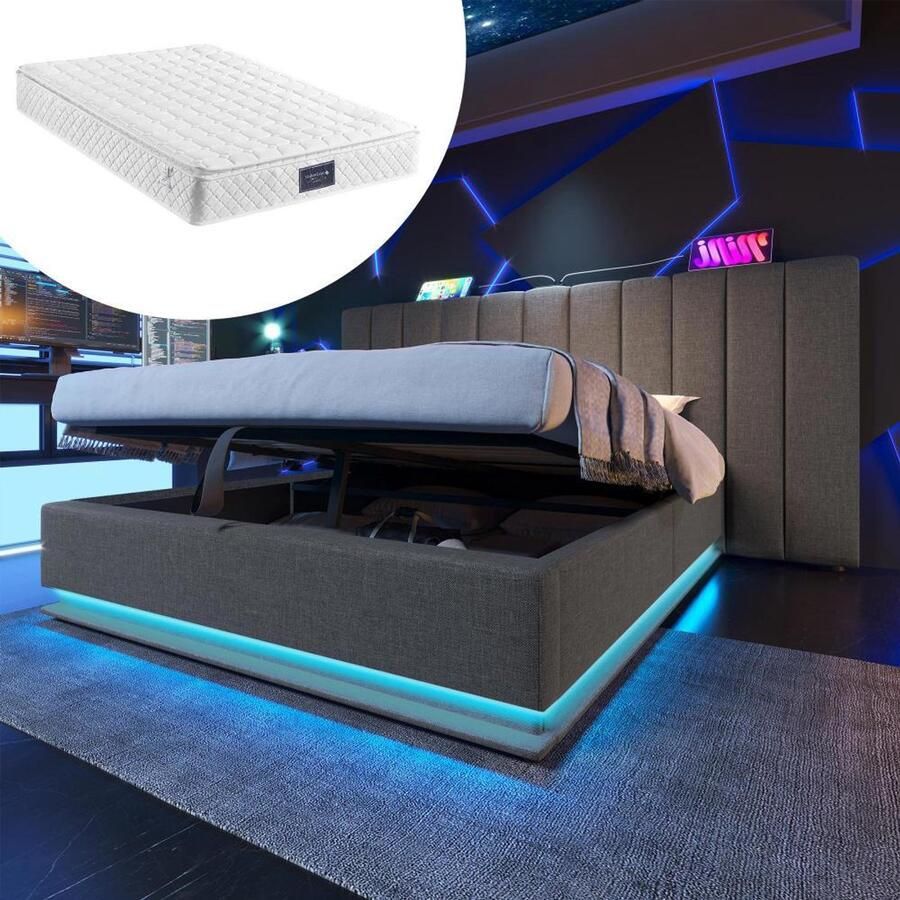 BLACK COLORS Bed 160×200 cm met matras met opbergruimte Gestoffeerd bed Tweepersoonsbed met App Control LED en USB-C Bedframe Linnen Grijs