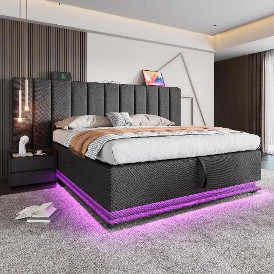 BLACK COLORS Bed 160×200 cm met opbergruimte Gestoffeerd bed Tweepersoonsbed met App Control LED en USB-C Bedframe Linnen Grijs