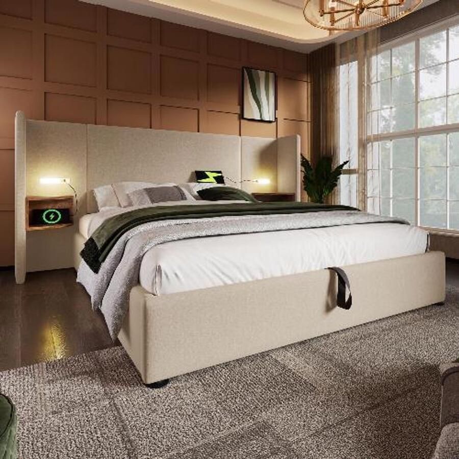 BLACK COLORS Bed 160×200 cm opbergbed Gestoffeerd tweepersoonsbed met nachtkastje leeslamp en USB Type-C Linnen Beige