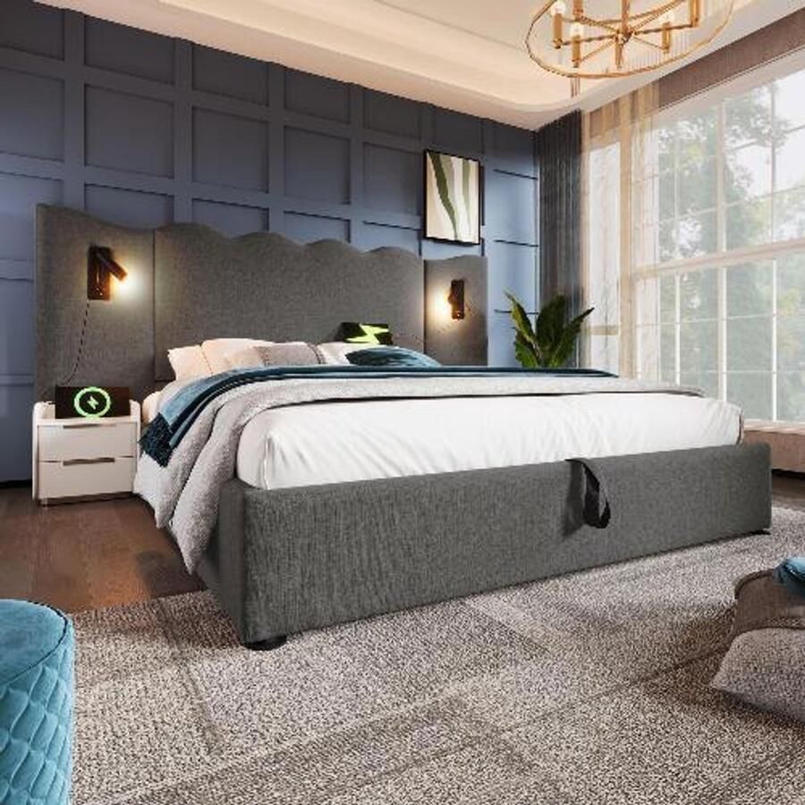 BLACK COLORS Gestoffeerd bed 160x200 cm met opbergruimte leeslamp en USB Type-C linnen Grijs