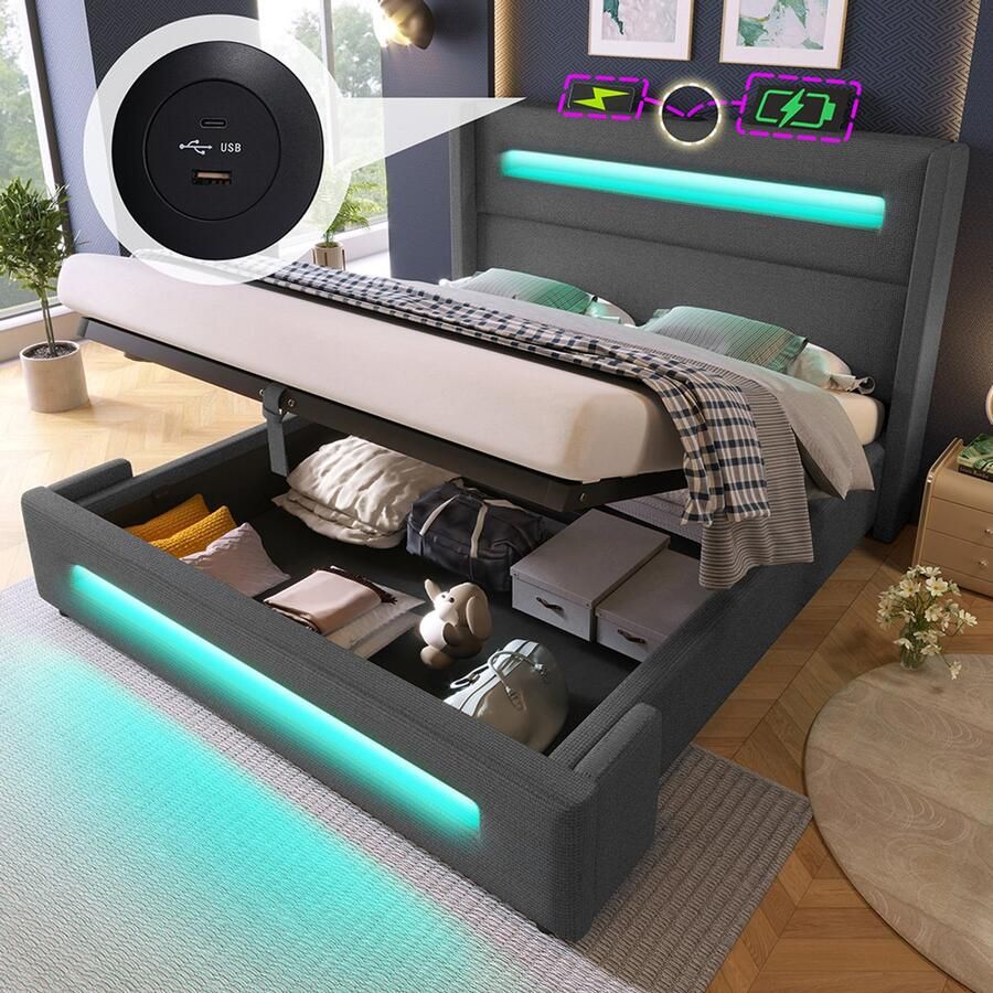 KOMHTOM Gestoffeerd tweepersoonsbed 180x200 cm bed voor tieners met LED-bed met hydraulische opbergruimte en USB Type-C-oplaadpunt metalen bedframe met houten latten in linnen grijs zonder matras