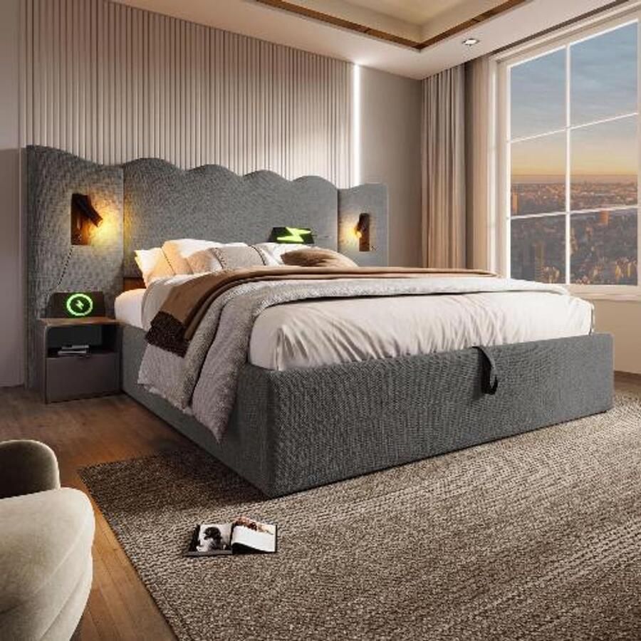 BLACK COLORS Gestoffeerd bed 180x200 cm met opbergruimte leeslamp en USB Type-C linnen Grijs