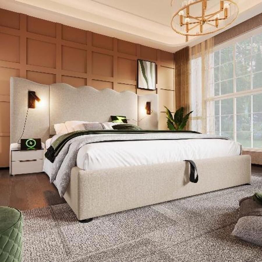 BLACK COLORS Gestoffeerd bed 180x200 cm met opbergruimte leeslamp en USB Type-C linnen Beige