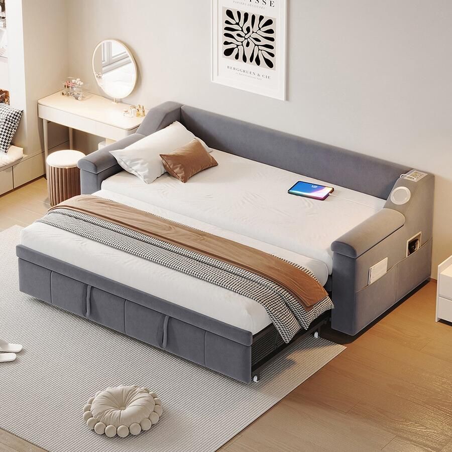 KOMHTOM Gestoffeerde slaapbank 90 180*190 cm bredere en dikkere armleuningen met intelligent Bluetooth-stereosysteem met USB-poort met opbergvakken met lattenbodem fluweelstof grijs