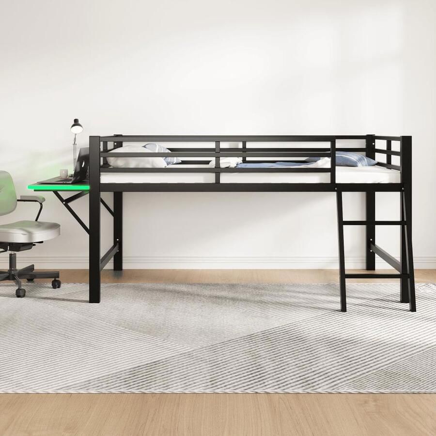 BLACK COLORS Hoogslaper 90x200 cm metalen ladder Bureau LED-lichtstrip met afstandsbediening Zwart