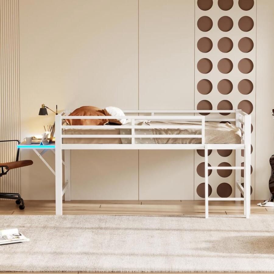 BLACK COLORS Hoogslaper 90x200 cm metalen ladder Bureau LED-lichtstrip met afstandsbediening Wit