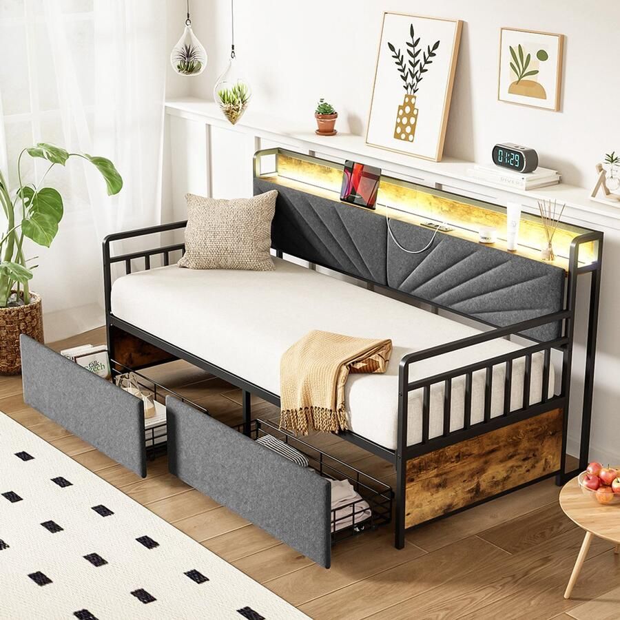 KOMHTOM Slaapbank van ijzer 90*200 cm met ledverlichting en opbergruimte met lades en multifunctionele stopcontacten eenpersoonsbed van ijzer bed voor tieners zwart