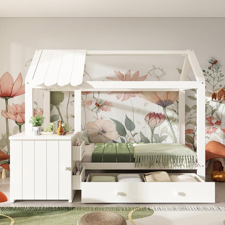 Pugsdrly Huisbed voor kinderen 90 x 200 cm van massief hout met lades en afneembaar nachtkastje vloerbed in wit zonder matras