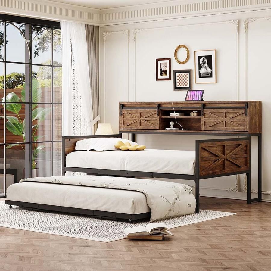 KOMHTOM Slaapbank van ijzer 90*200 cm uitschuifbare slaapbank met meerdere opbergvakken en multifunctionele stopcontacten strijkijzer eenpersoonsbed bed voor tieners zwart + bruin