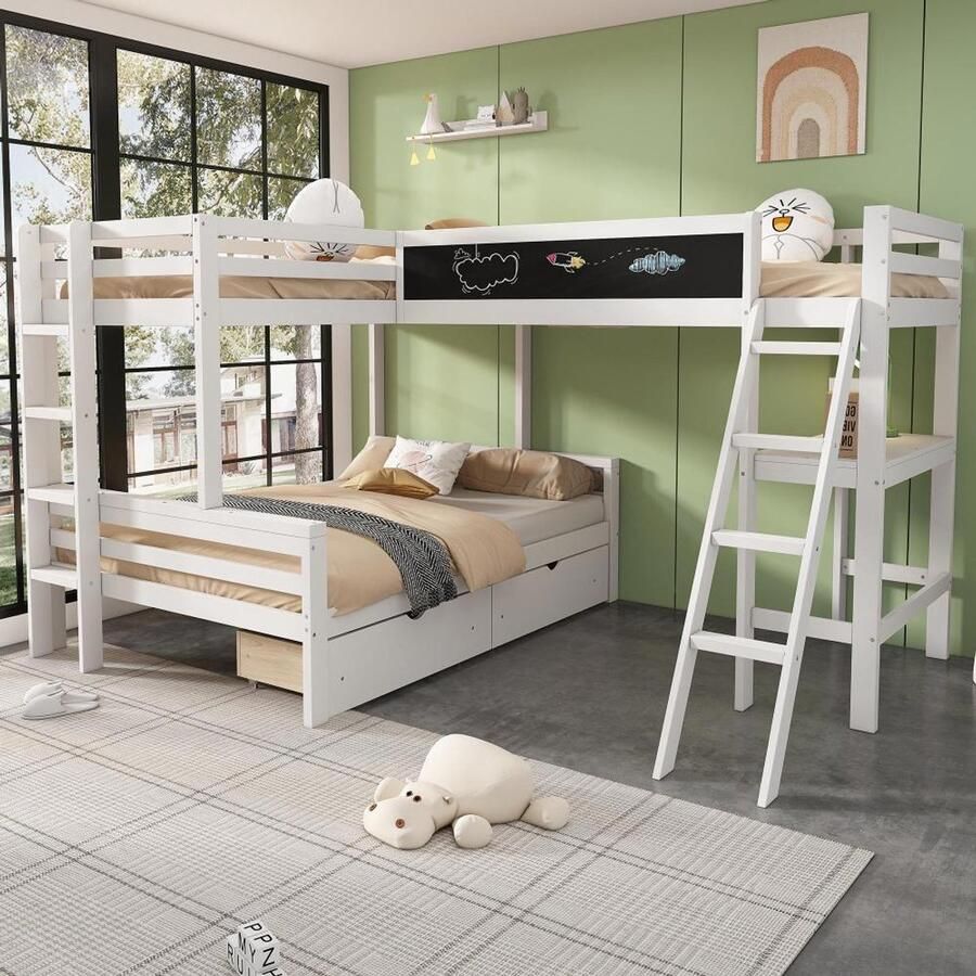 BLACK COLORS Stapelbed 140x200 cm en 90x200 cm Geschikt voor 3 kinderen Met opberglades van grenenhout Met bureau en plank Wit