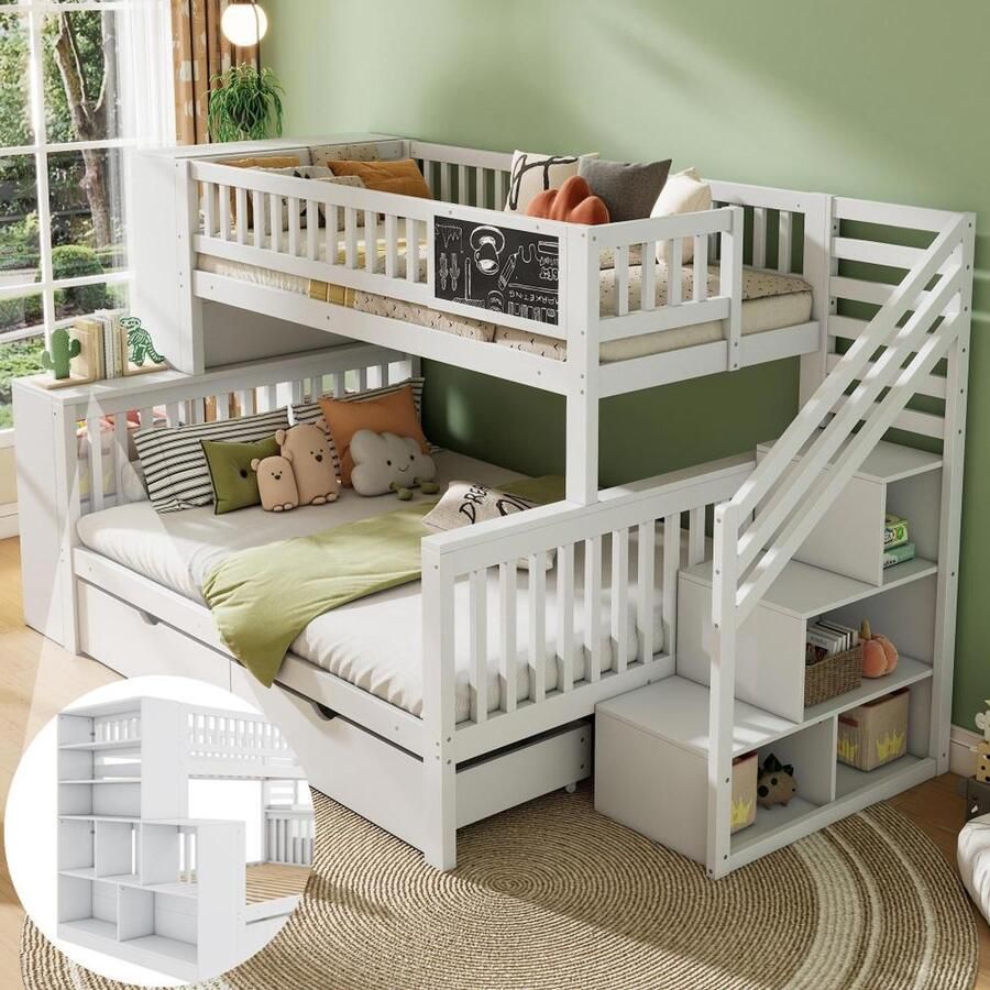 BLACK COLORS Stapelbedden 140x200 cm en 90x200 cm met graffitibord trap en opbergkasten met lades Wit