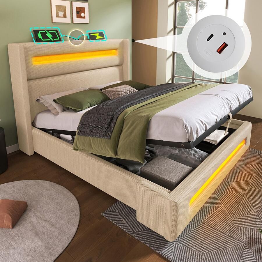 KOMHTOM Gestoffeerd tweepersoonsbed 140x200 cm bed voor tieners met LED-verlichting hydraulische opbergruimte en USB-oplader type C metalen bedframe met linnenkleurige houten latten zonder matras
