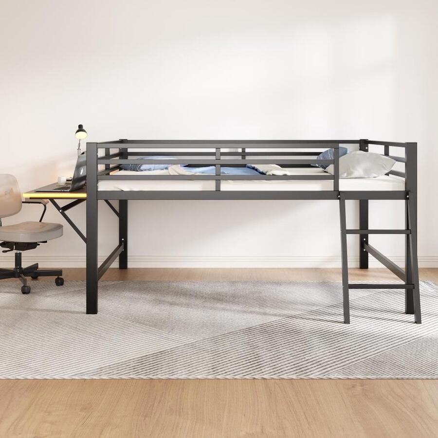 BLACK COLORS Verhoogd metalen hoogslaper 140x200 cm Leuning Ladder Bureau LED-lichtstrip met afstandsbediening Zwart