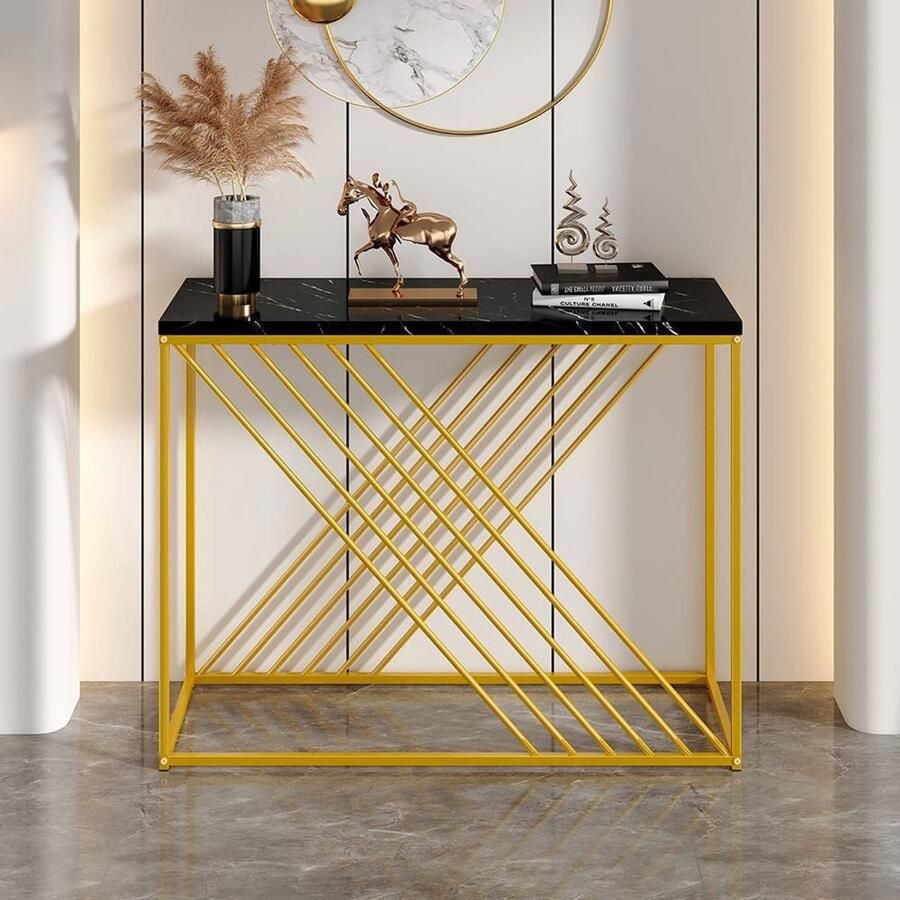 BLACKCOLORS 100 x 35 x 77 cm zwarte tafel met gouden poot glanzende MDF-tafel voor de hal console gangtafel buffetkast bijzettafel vintage