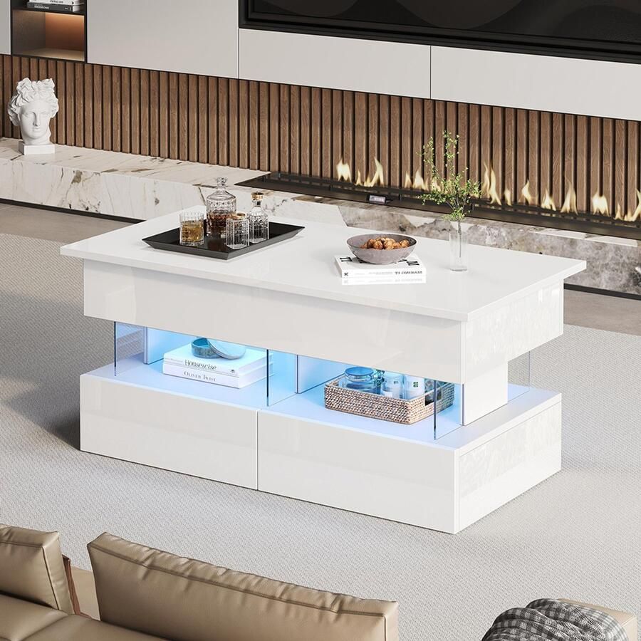 KOMHTOM BLACKCOLORS 100 x 50 x 46 cm Verhoogbare salontafel met in hoogte verstelbaar tafelblad en verborgen opbergruimte hoogglans bijzettafel met ledverlichting salontafel met 2 lades wit MDF + acryl - Foto 2