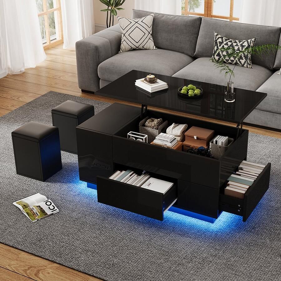 BLACKCOLORS 100*50*45 cm 4-in-1 salontafel In hoogte verstelbare salontafel met LED salontafel met 2 lades glanzende tafel met bank en 2 krukken bijzettafel met verborgen opbergruimte draagvermogen tot 50 kg zwart