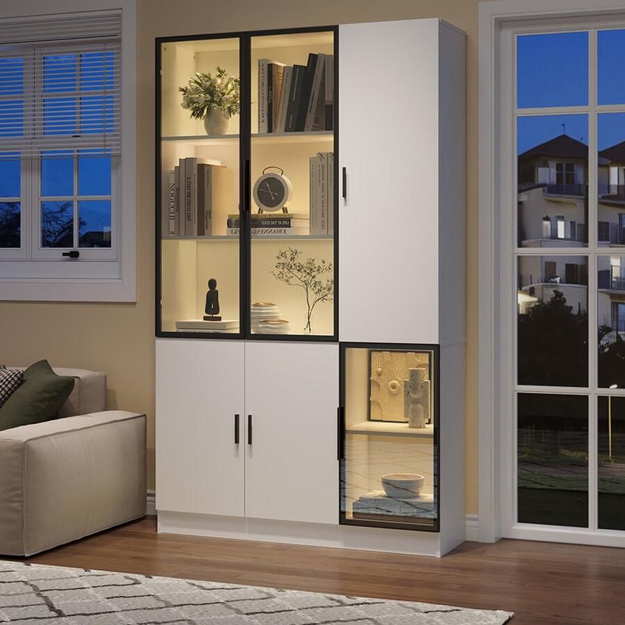 BLACKCOLORS 120*35*200 cm vitrinekast glazen vitrinekast deur van 200 cm hoog glazen kast met LED-verlichting MultiStorage-boekenkast voor verzameling slaapkamer woonkamer kantoor kast met glazen deur en aluminium frame